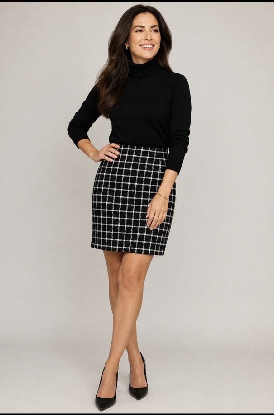 Talbots 100% Black White Plaid 100% Wool Pencil Skirt Sz 6 Lined Career Luxury